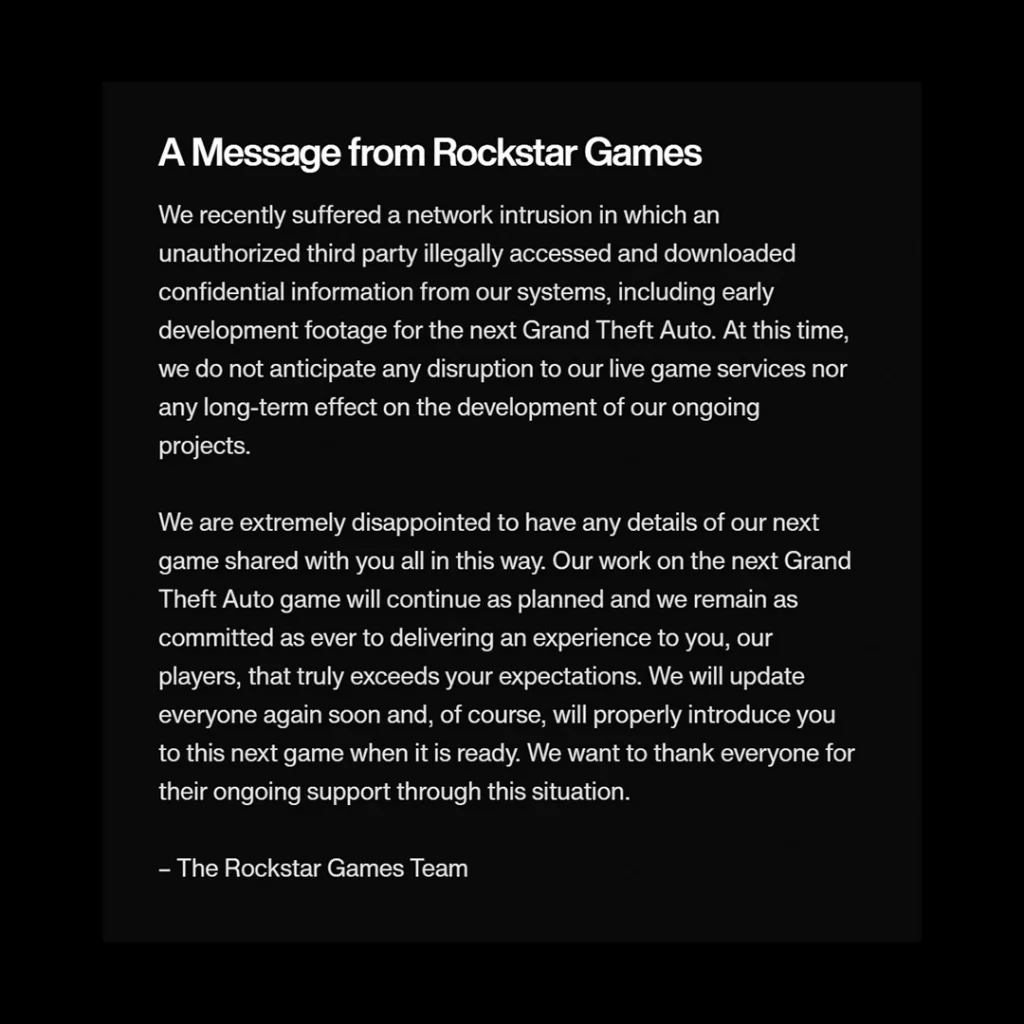 Заявление от Rockstar по поводу утечки
